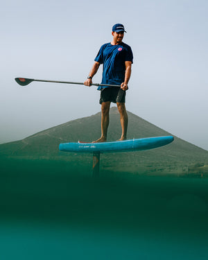 Ace Foil Lightning Foilboard: Blue SUP with black handle, silver blade for downwind performance