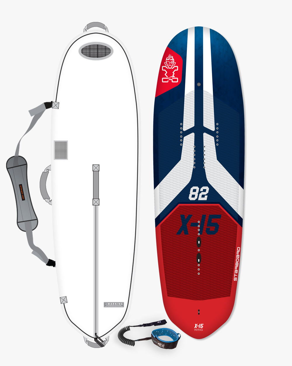 Red and blue O’Brien 5’6’’ X-15 foilboard with white accents, leash, bag