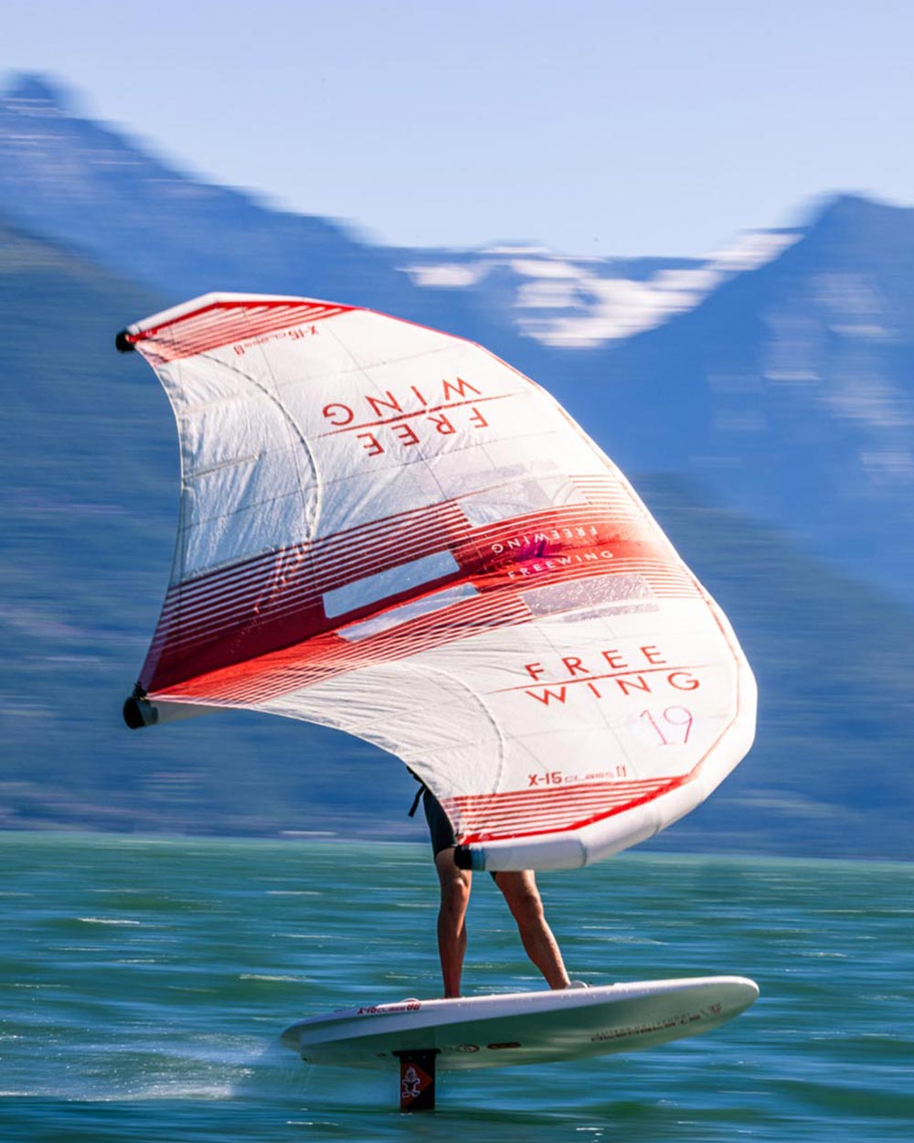Red and white X-15 Foilboard with Free Wing branding
