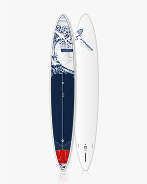 White 2024 Generation paddle board with blue red fiberglass design