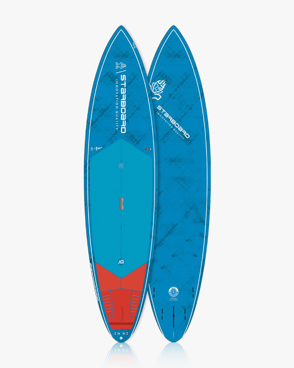 2019 Starboard 8’6’’ carbon fiber SUP board with blue red deck on 2024 Gun display