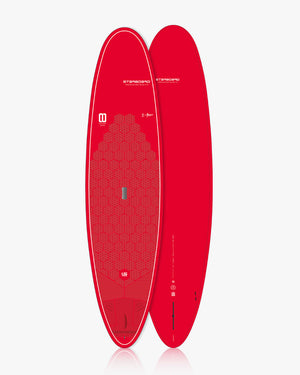 Red 2024 Longboard SUP paddleboard with white text and logo