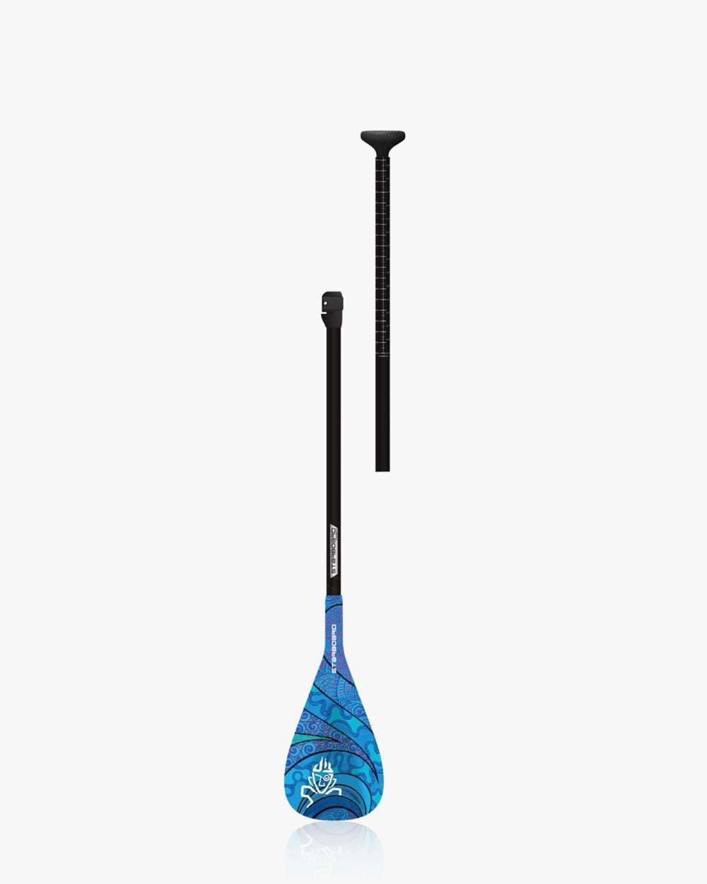 Blue and white 2024 Enduro Tiki Tech Wave Paddle board with black handle