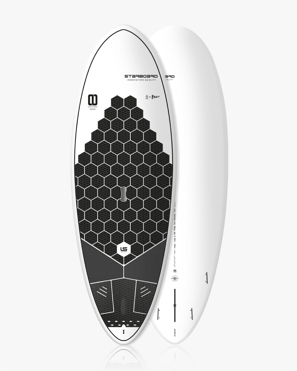 2024 Wedge Paddle Board with white surfboard black hexagonal pattern logo