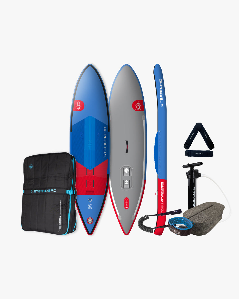 2018 Quicksilver 9’6’’ inflatable paddleboard with blue/red accents and black bag