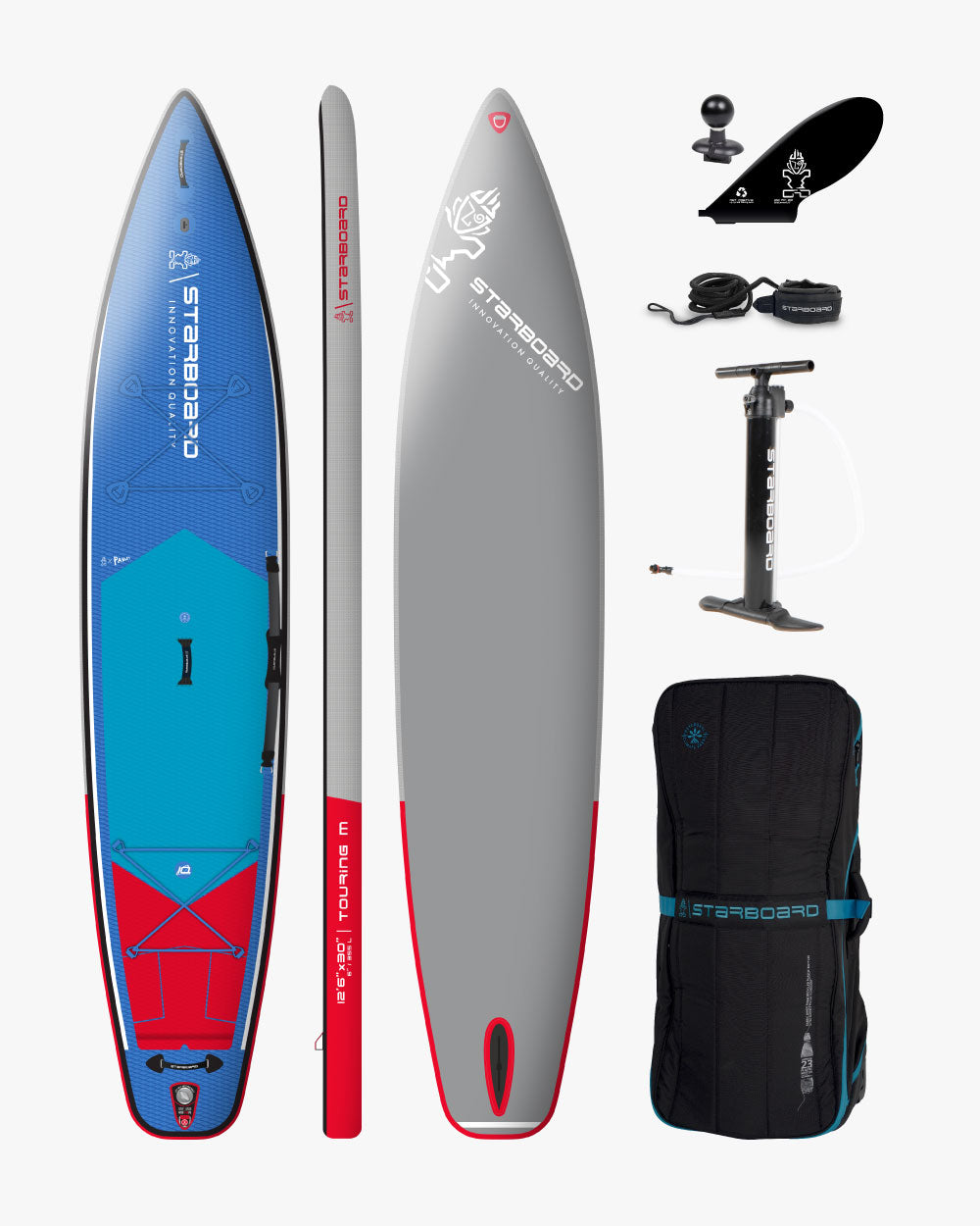 2024 Touring Inflatable Paddle Board with blue red accents gray deck bag pump leash fins