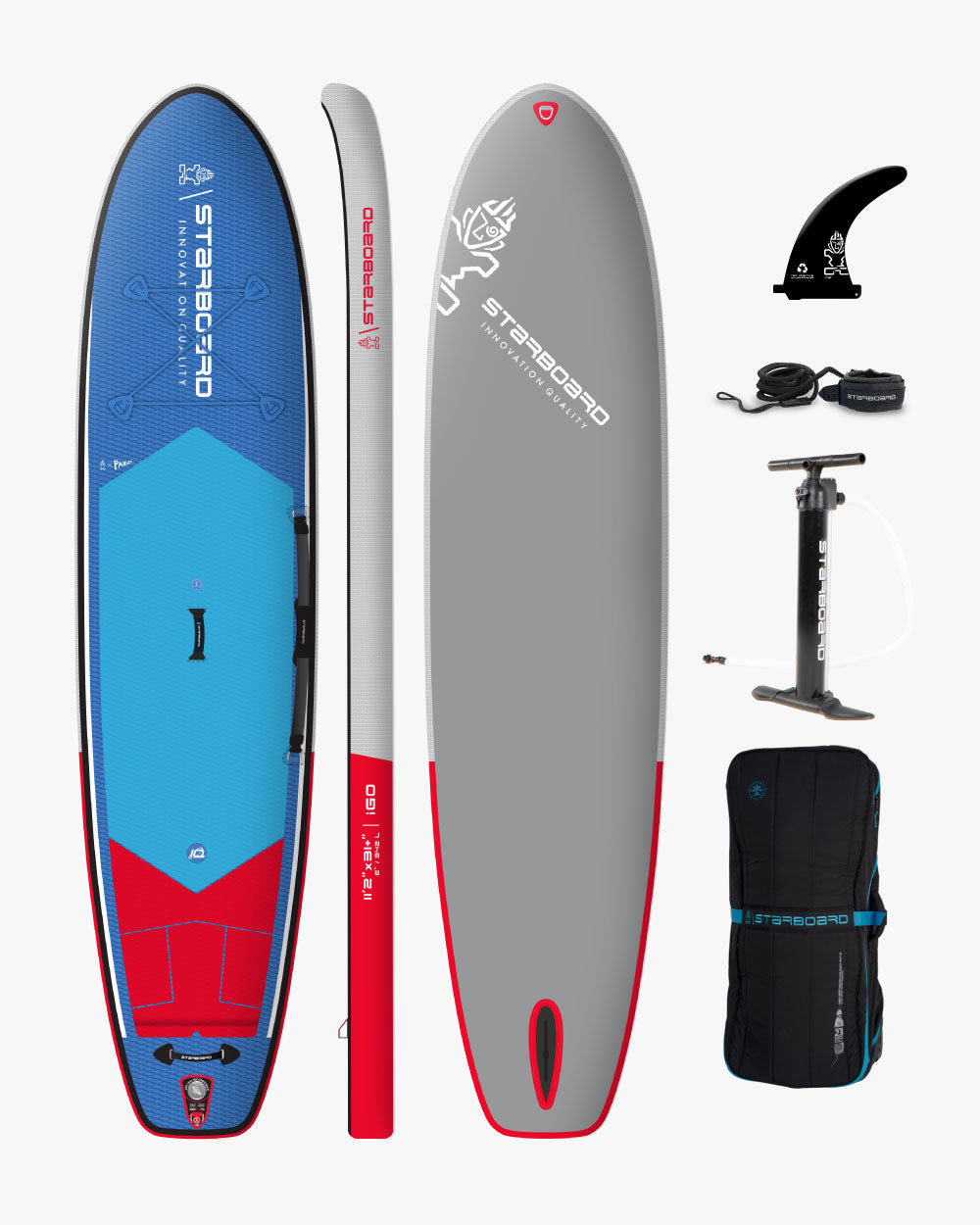 2024 iGO inflatable paddle board in blue, red, and gray for water sports