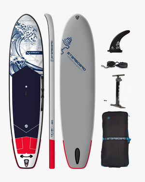 2019 Starboard 8’6’’ inflatable paddle board with red, white, blue wave design