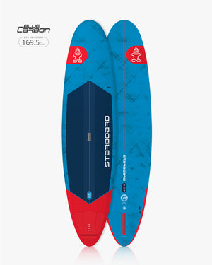 Sleek 2025 Longboard SUP: blue carbon fiber paddleboard with red accents