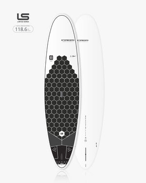White 2025 Longboard SUP surfboard with black honeycomb design and LS logo