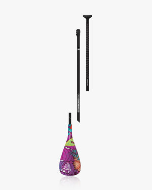 Purple and pink floral Enduro Tiki Tech Sun Paddle with black adjustable shaft