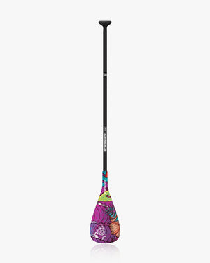 Enduro Tiki Tech Sun Paddle: purple and green floral design with black adjustable shaft