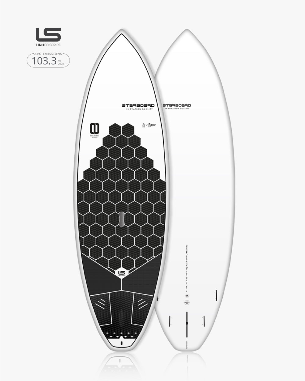 2025 Pro Paddleboard: White surfboard with black honeycomb and Starboard branding