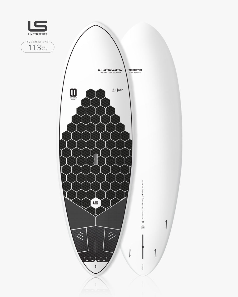 2025 Wedge Paddleboard: white surfboard with black honeycomb design and LS logo