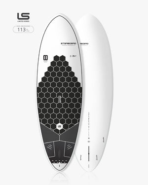 2025 Wedge Paddleboard: white surfboard with black honeycomb design and LS logo