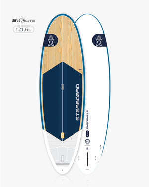 2025 Whopper paddleboard with bamboo deck, white sides, blue accents
