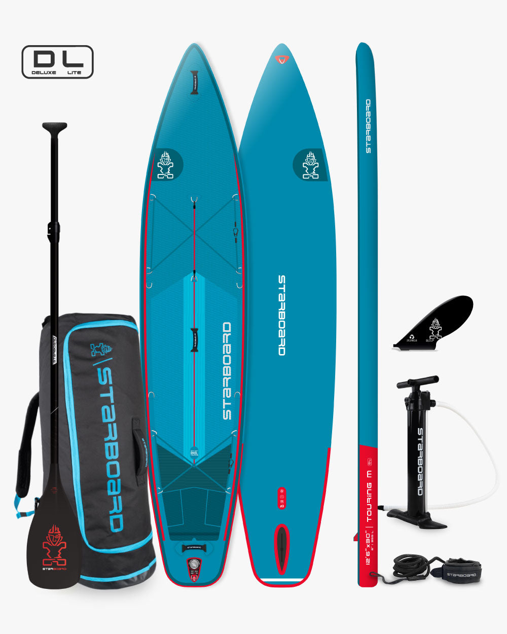 Blue Starboard DL touring inflatable board with paddle, red accents, black bag
