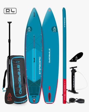 Blue Starboard DL touring inflatable board with paddle, red accents, black bag