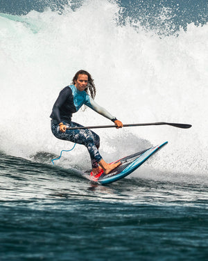 Blue and white Longboard SUP surfboard with black leash