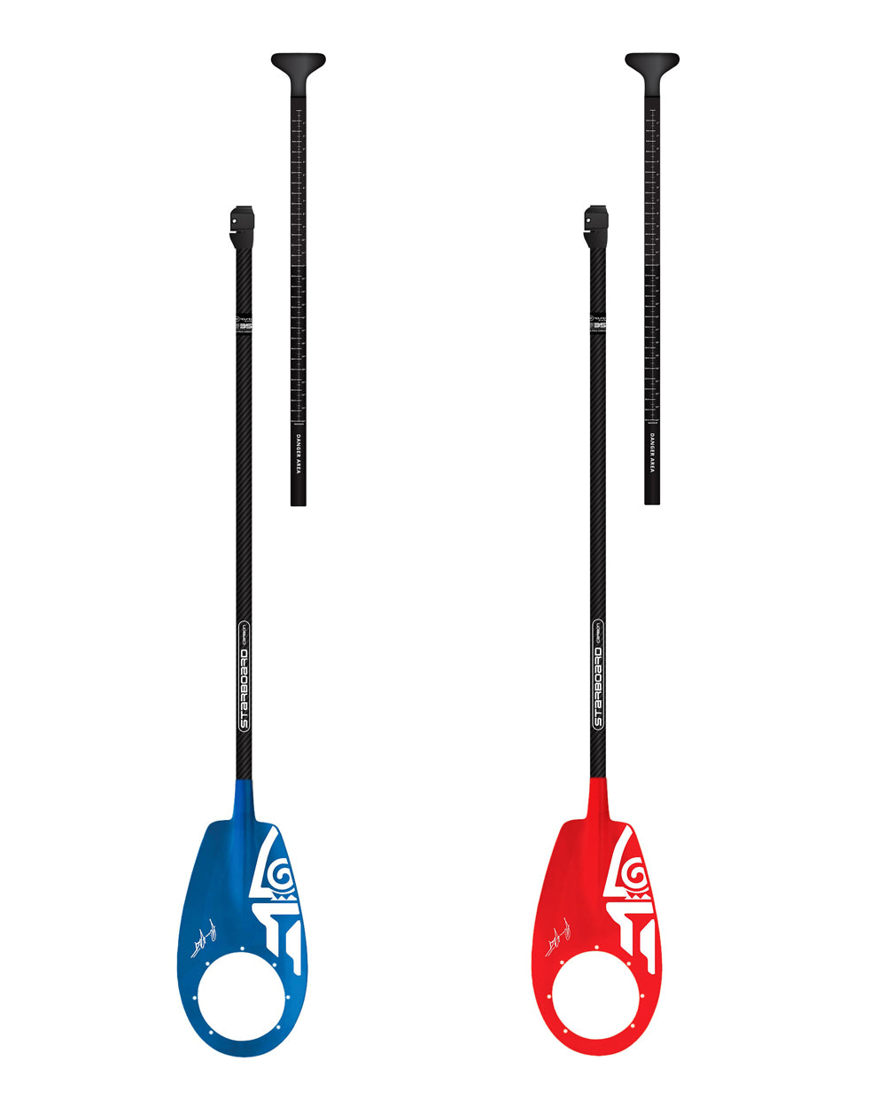 Blue and red SUP Polo Paddle with adjustable black shafts