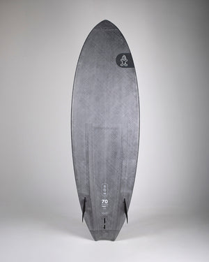 Black TwinFin Paddleboard with skull design and 70s text