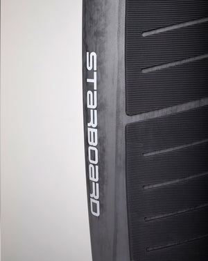 Black TwinFin paddleboard with starboard grip and white logo