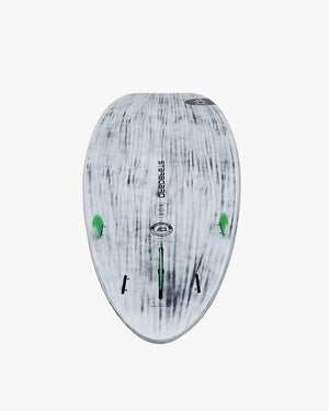 Wedge Paddleboard with green fins and white gray marbled surfboard design