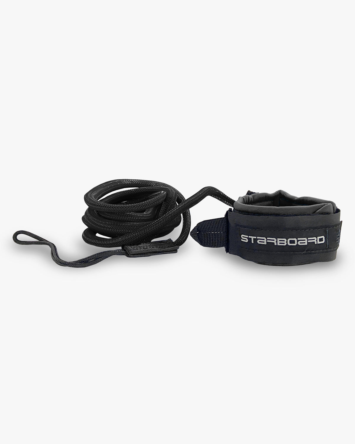 Yulex Lightweight black starboard SUP leash with adjustable strap and coiled rope