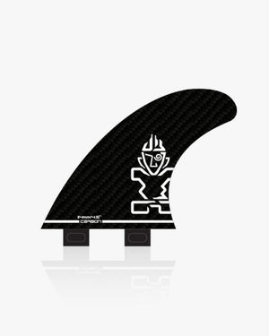 Black prepreg carbon surfboard fin with white logo and text
