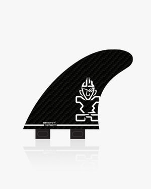 Black surfboard fin with white graphic, prepreg carbon Surf Side Fins Set