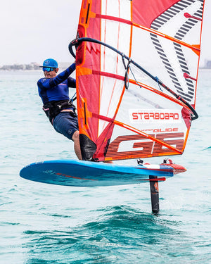 Blue and orange Starboard Glide 5.6 windsurfing board with red sail
