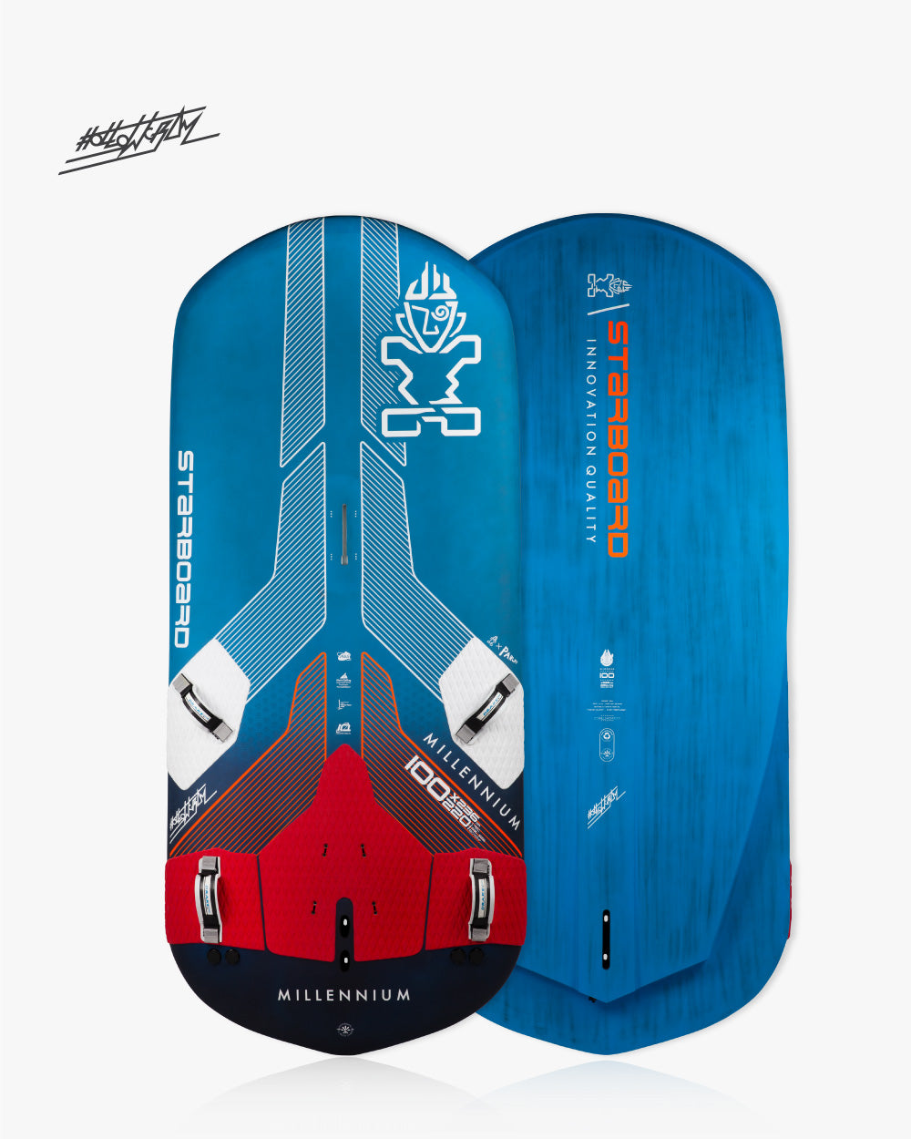 Red and blue Millennium Windfoil Board with sleek design and logo