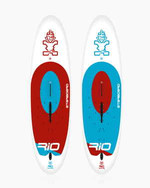 Red and blue Rio inflatable windsurf board with white body
