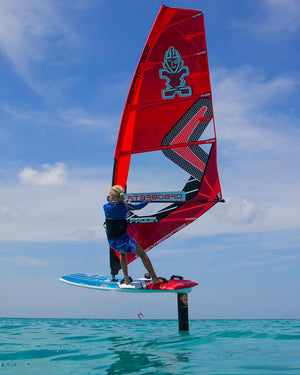 Sleek red and black GO-Fly Windfoil Board with rts logo