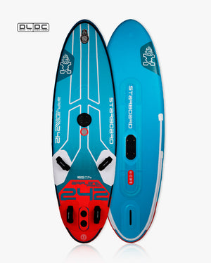 242 inflatable windsurf board with red blue design and black handle
