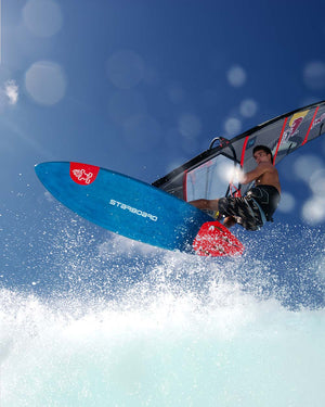 2025 Hyper Windsurf Board: Blue with red fins and Starboard branding