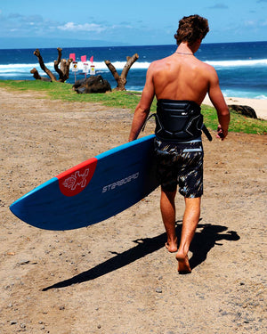 2025 Hyper Windsurf Board with blue red design and black leash