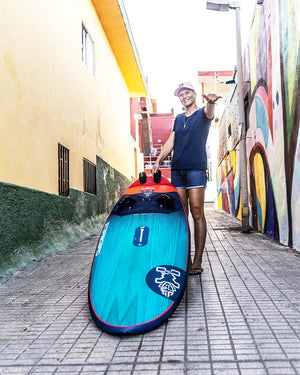 Blue and red inflatable 2025 Kode Windsurf Board with white logo