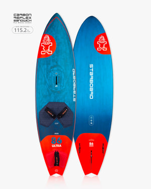 Blue and red Starboard 86 Ultra kiteboarding board with carbon reflex sandtouch material