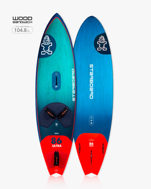 2019 Starboard 86 Ultra Windsurf Board in blue and red wood sandwich