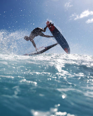 2025 Ultra Windsurf Board in blue and red with black fins