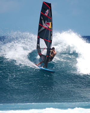 2025 Ultra Windsurf Board with Red Bull design, black sail and blue trim