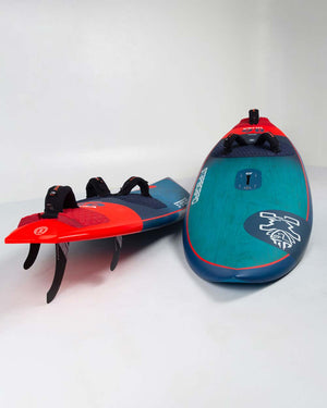 Red and blue 2025 Ultra Windsurf Board with black polyurethane fins