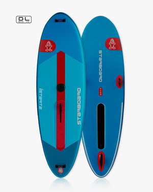 ISTART 2 blue and red inflatable stand-up paddleboard with stompboard logo