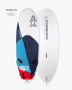 2025 GO Windsurf Board: Starboard Go Pro 135.8 surfboard in white with blue and red accents