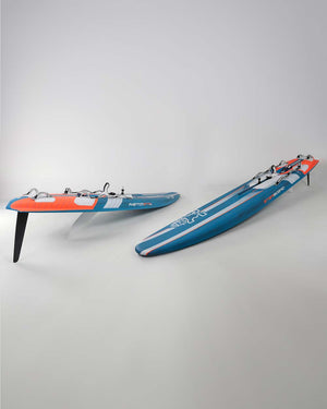 Blue and orange 2019 Hobie Mirage Drive kayak with black fins on 2025 Phantom Windsurf Board