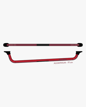 Red pistol grip aluminum grab bar with black end caps and textured grip on starboard wing