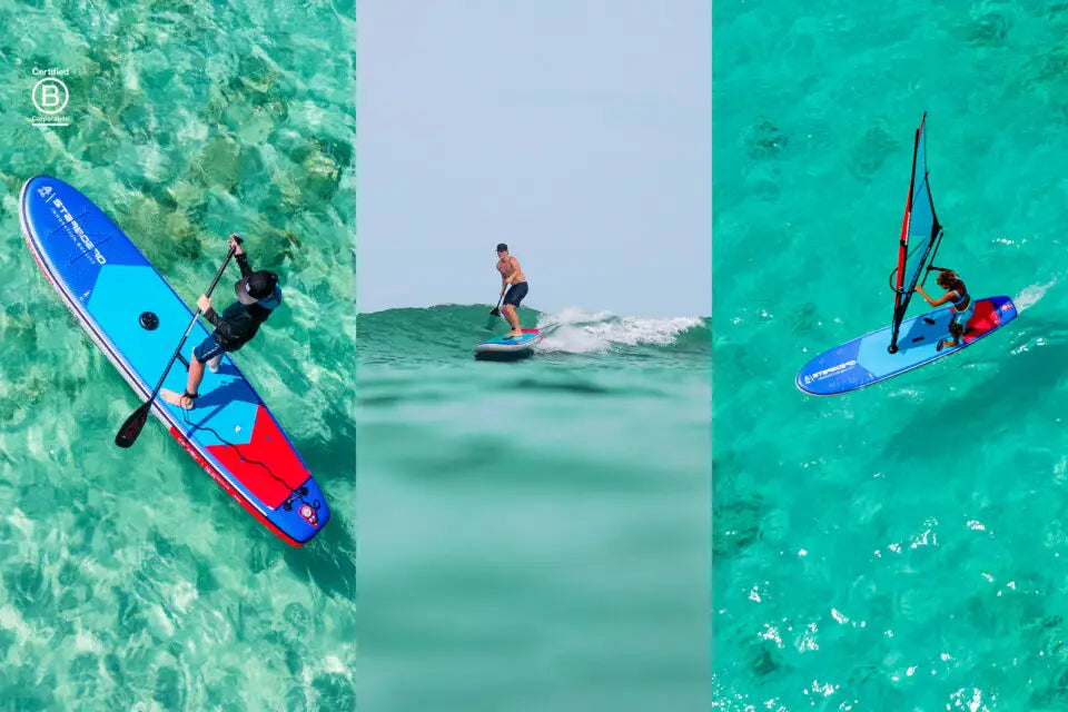 Red and blue inflatable windsurf board with black seat cushion