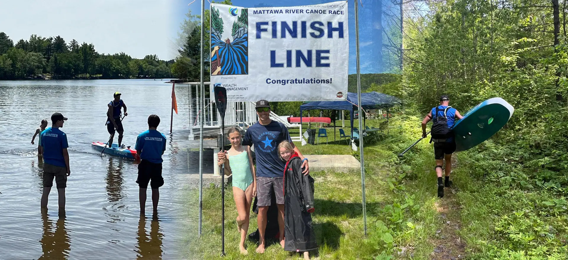 Blue and white congratulations finish line banner for Mattawa River Race