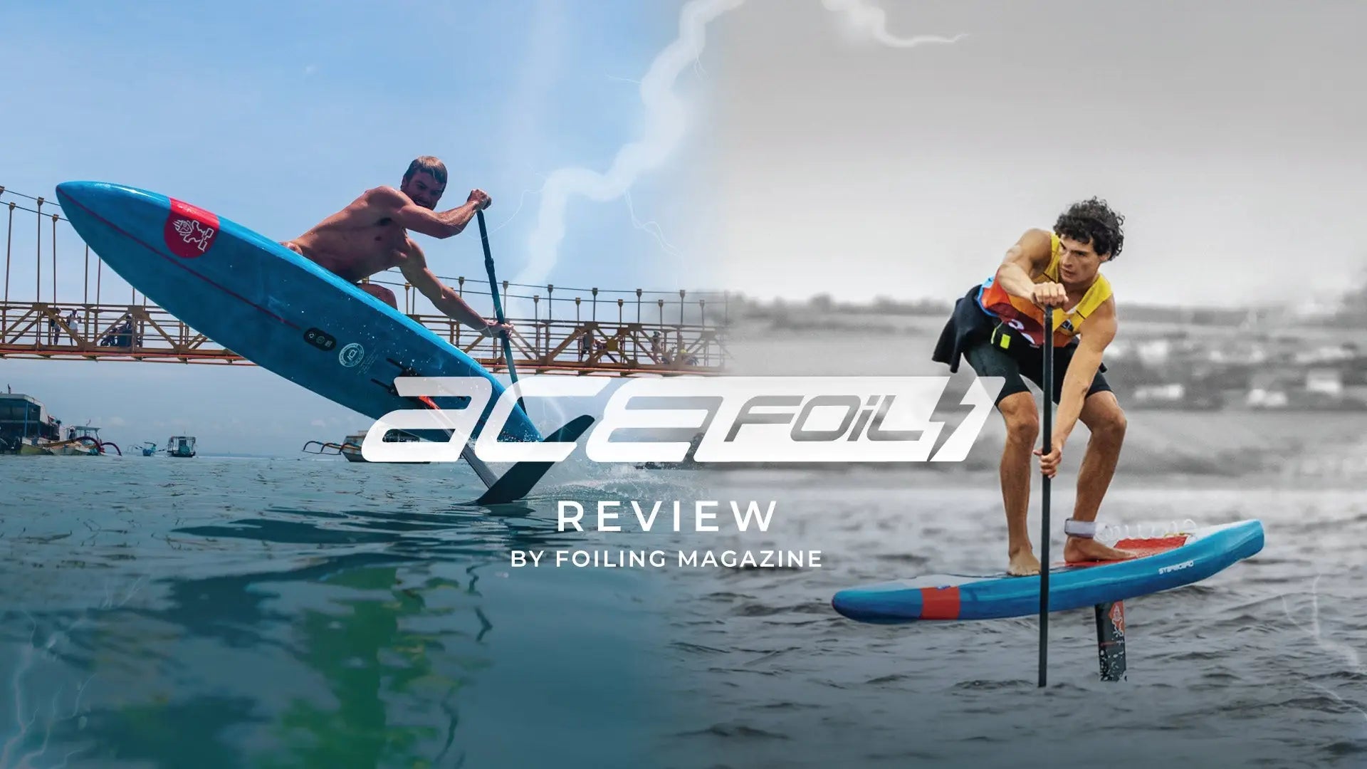 Blue and white Avefoil hydrofoil paddleboard in Ace Foil Lightning review